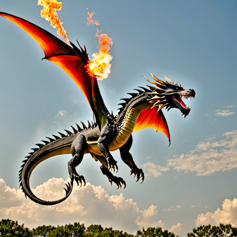 dragon with wings spread breathing fire into the sky