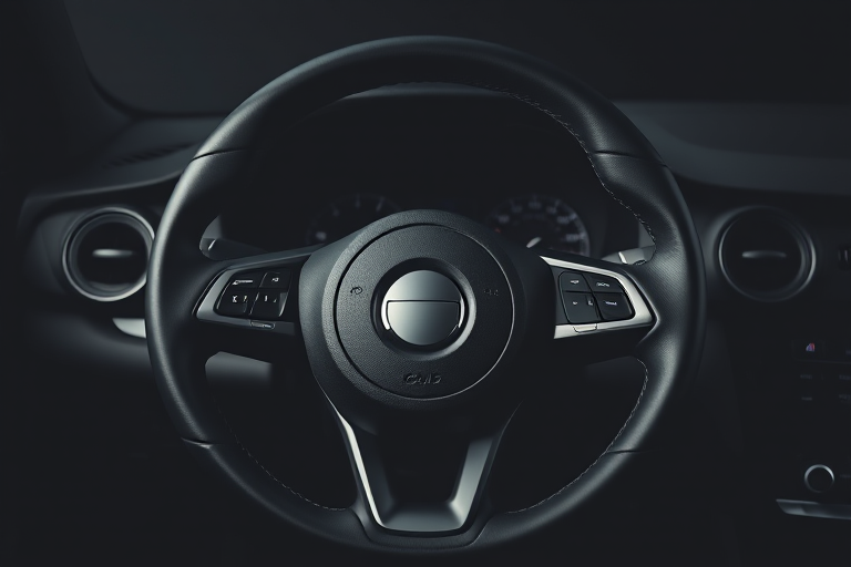 Create a high-resolution image of a car steering wheel centered in the frame with a black background, using a Canon EOS 5D Mark IV, aperture of f/4, ISO 100, shutter speed 1/125s, shot from a 45-degree angle, with soft diffused lighting to enhance details and depth.