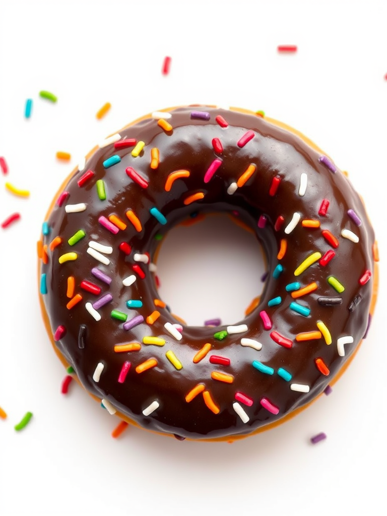 Create a high-resolution image of a chocolate donut with colorful sprinkles on a plain white background, using a 50mm lens, f/2.8 aperture, 1/200s shutter speed, captured with a DSLR camera in top-down view.