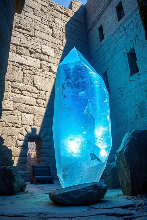Create an image of a large, luminous crystal surrounded by ancient ruins with intricate stone textures, capturing the vibrant blue light emanating from the crystal, shot with a Canon EOS R5 at f/2.8, ISO 100, 24mm lens, in natural light with a shallow depth of field to enhance the crystal's details and the ambiance of the setting.