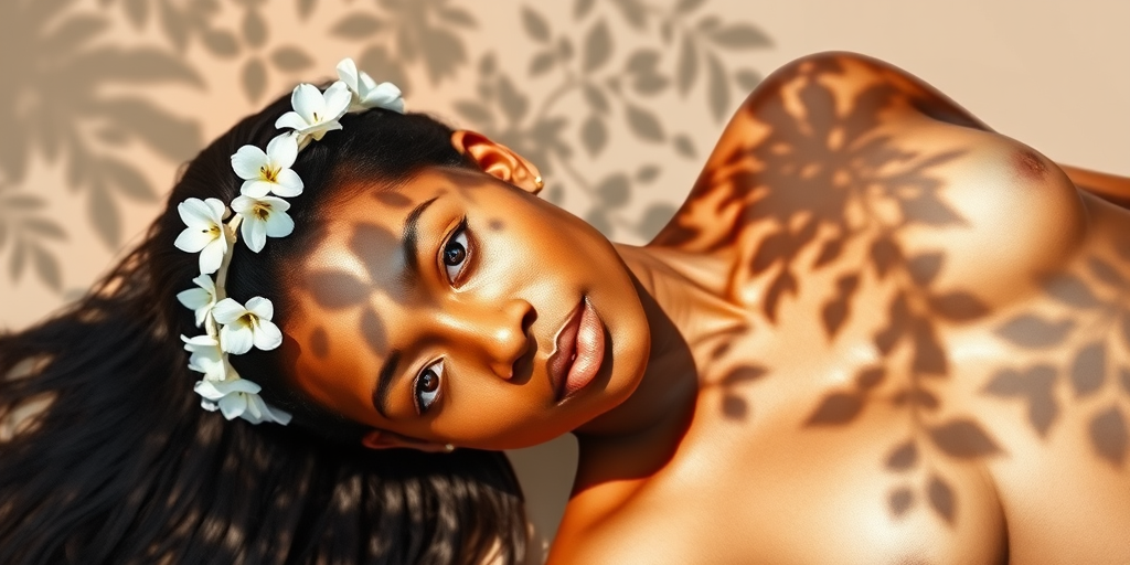 create a watercolor painting of an ethereal portrait of beautiful Garifuna woman with a simple white flower crown on her head. Her hair is long and she is lying on the ground. The sunlight on the trees casts shadows from the leaves on her face and body. The background is a neutral brown color that matches her skin tone. The image is minimalist and solid colors. This style is characterized by soft, delicate brushstrokes and a light, airy, contrasting color palette. High level of detail and play of light