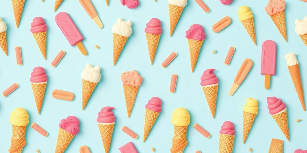 Create a seamless pattern of ice cream cones and popsicles on a light blue background with a 50mm lens, f/8 aperture, ISO 100, top-down view, digital illustration style, high-resolution.