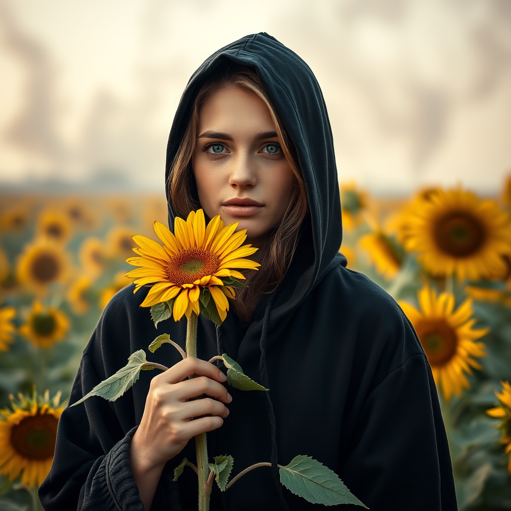 portrait of a young woman wearing a black hooded robe holding a sunflower in a field of sunflowers with dramatic smoke in the background, taken with a Canon EOS R5, 50mm lens, f/1.8 aperture, ISO 100, shallow depth of field for enhanced details and rich colors in soft natural light.