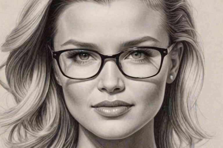 Radiant Joanna Krupa, pencil sketch, portrait of Lovely woman 1929s in glasses, hair style beatnik, outline, clear lines, fine lines, 8k