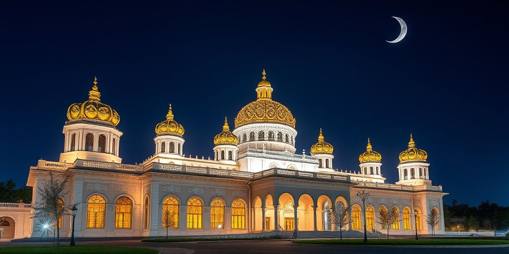 A beautifully illuminated palace with intricate golden domes and crescent moon in a night sky, taken with a DSLR camera at f/2.8, ISO 200, 24mm lens, in a wide-angle view, using long exposure for enhanced detail and vibrancy.