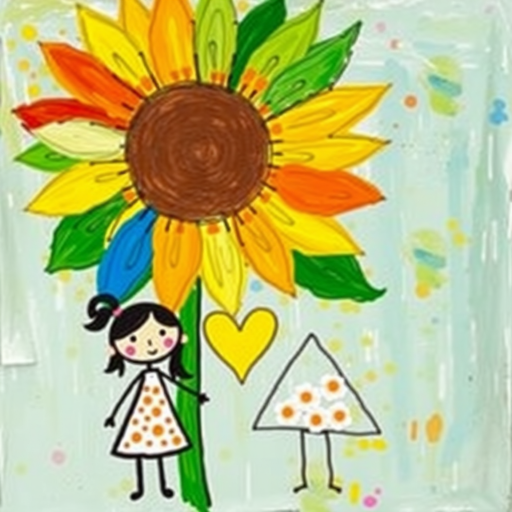 Stylized impressionism painting of a large sunflower with an oversized center and colorful petals. Beside, a young female character with eyes represented by dots and a mouth by a line, pink cheeks, hair attached, arms and legs a black line, flowery white dress triangle shape. A yellow heart surrounded by a black line between the two. Textured background with touches of colorful paint. Childish style.