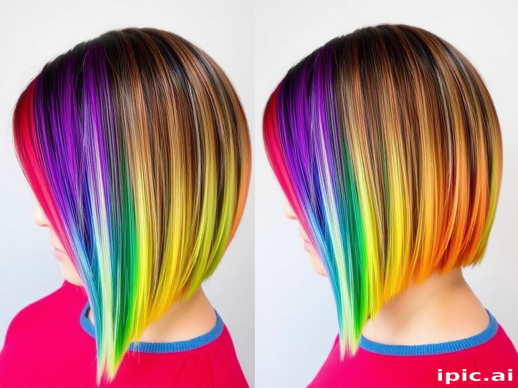 Rainbow prism locks transition through every hue of the spectrum, styled in a sleek geometric bob with sharp angles, celebrating diversity and creativity