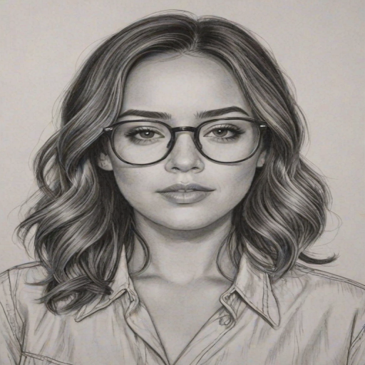 Fetching Chloe Bennet, pencil sketch, portrait of Fetching woman 1948s in glasses, hair style beatnik, outline, clear lines, fine lines, 8k