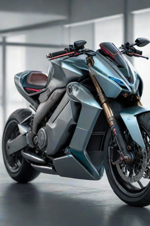 Concept design for a futuristic motorbike in a exposition. Hyper-realistic, 4K, HDR