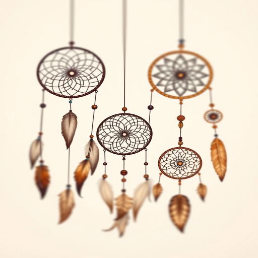 Create an intricate illustration of four dreamcatchers with different designs, featuring feathers and circular patterns, set against a soft, neutral background, captured with a DSLR camera at f/2.8, ISO 100, 50mm lens, with a shallow depth of field for a soft blur effect.