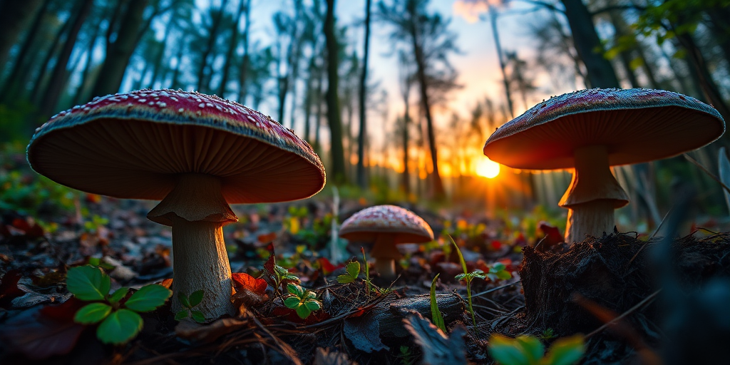 Regenerate a vibrant forest scene featuring large, colorful mushrooms with intricate details under a surreal sunset, captured with a DSLR camera at f/8 aperture, ISO 200, 50mm lens, wide-angle view, using a low angle perspective and a high dynamic range for enhanced color depth.