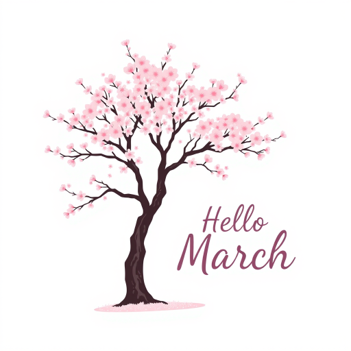 Create a minimalist illustration featuring a pink cherry blossom tree with a white background, accompanied by the text "Hello March" in a stylish font.
