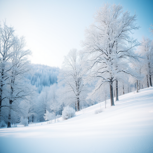 A serene winter landscape featuring snow-covered trees and a gentle slope, captured with a DSLR camera at f/8 aperture, ISO 200, 24mm focal length, in natural light, with a soft focus effect for a nostalgic feel.