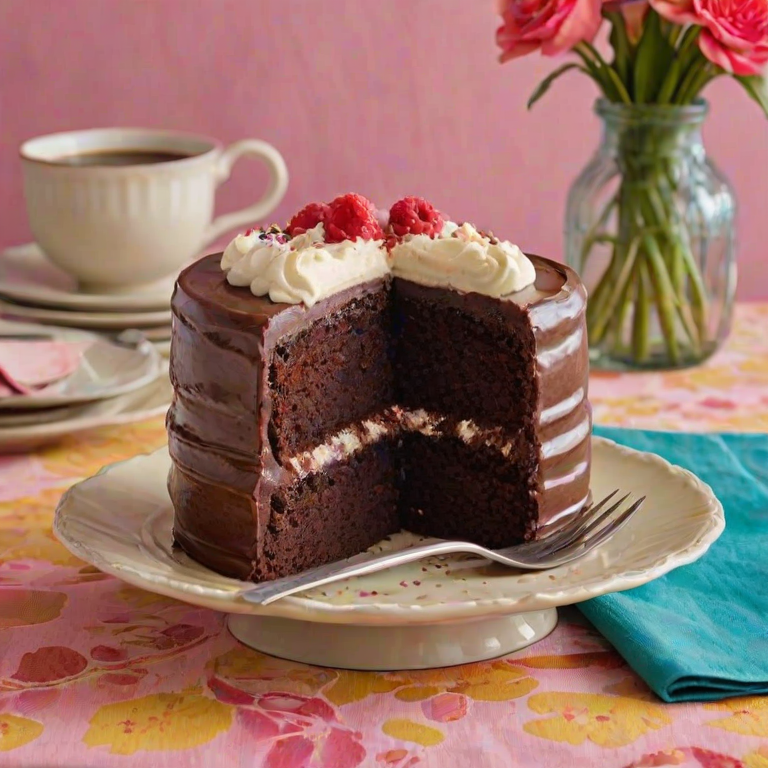 Create an image of a rich chocolate cake with smooth, glossy frosting. The cake should have multiple layers, each clearly visible with a slice cut out to show the interior. The setting should include a decorative plate and a colorful tablecloth in the background.
