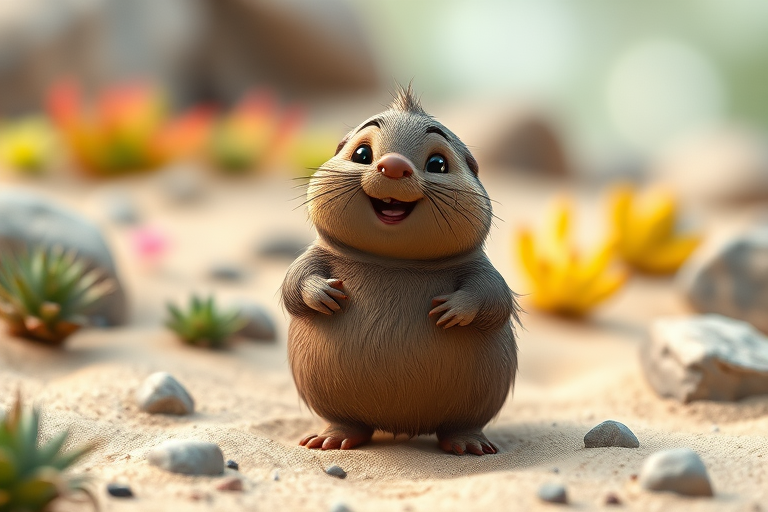 Generate a cheerful cartoon-style mole standing on a sandy surface with colorful plants and rocks, soft bokeh background, shot with a Canon EOS R5 at f/2.8, 50mm lens, ISO 100, natural soft lighting, and a slight upward angle to enhance the character's cuteness.
