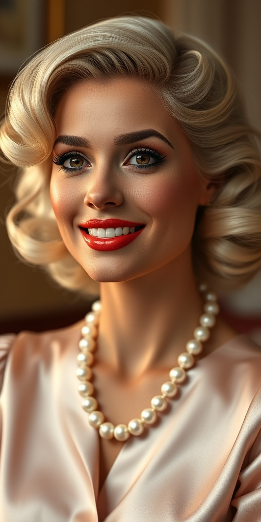 A beautiful Hispanic woman reminiscent of 1950s Hollywood glamour, with perfectly styled blonde hair and a seductive smile, dressed in a satin blouse and adorned with pearls, soft and warm tones, photorealistic, 8K