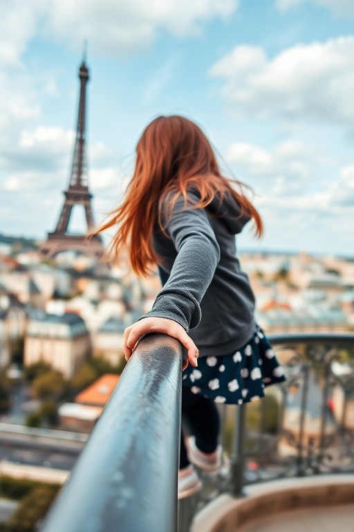Capture a girl climbing a railing with a view of Paris, wide-angle lens, f/8 aperture, ISO 100, natural light, DSLR camera, high resolution, focus on the foreground with a blurred background.