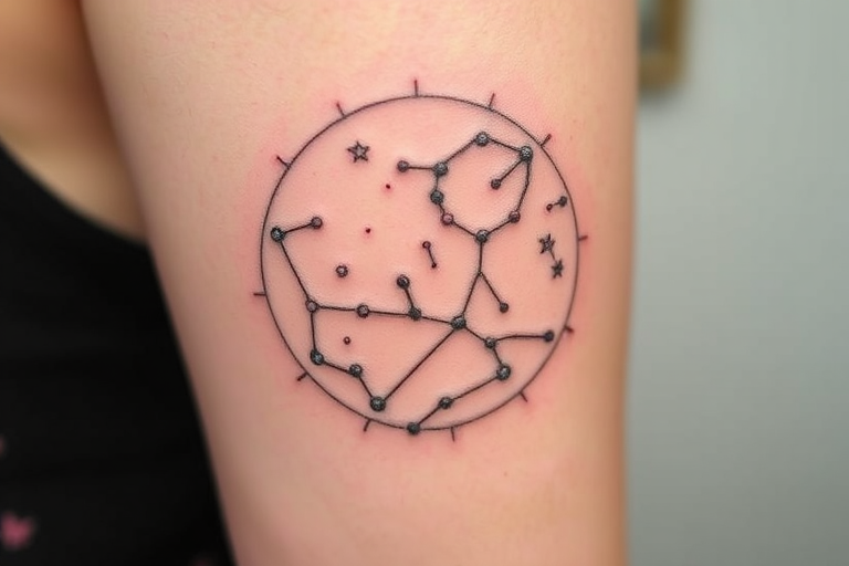 Stick and poke tattoo featuring a constellation map with delicate dot work and minimalist line art, creating a celestial scene on the skin, named "Starry Cartography"