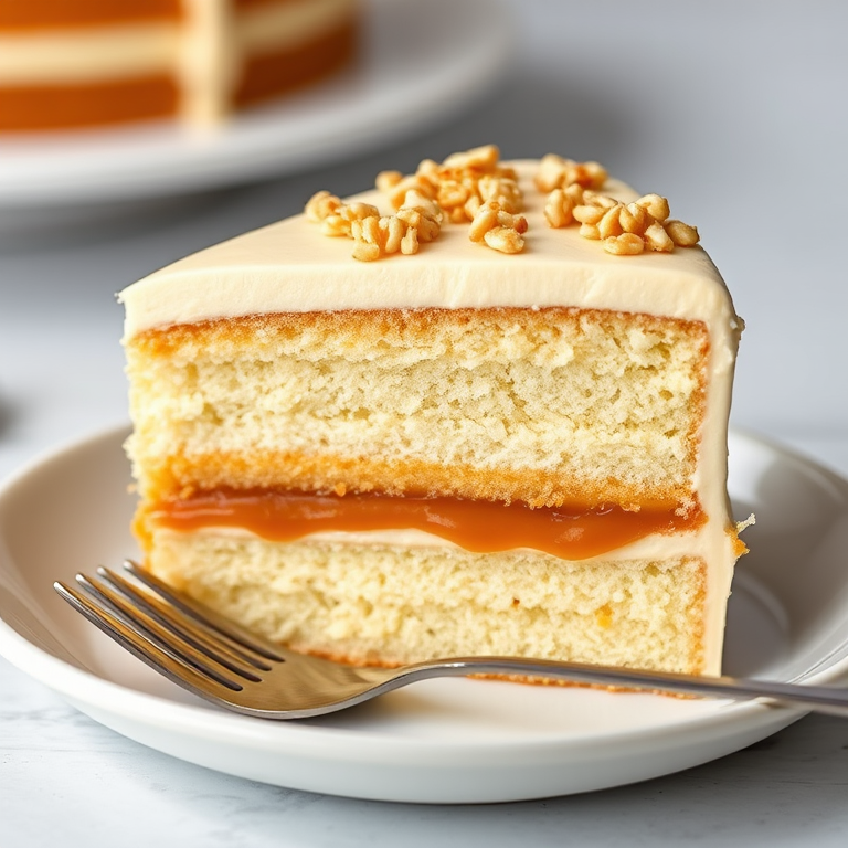 A slice of layered cake on a white plate with a fork beside it featuring alternating layers of fluffy vanilla cake and creamy caramel filling topped with a smooth frosting and sprinkled with crushed nuts in a soft, blurred background.