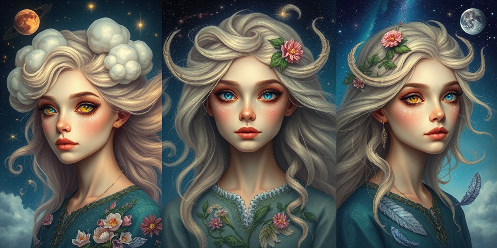 Create a series of imaginative portraits where each subject is infused with elements of fantasy and nature. The hair of the individuals should flow like clouds, varying from soft, fluffy cumulus to wispy cirrus strands, with hints of color reflecting a sunset or a clear blue sky. The eyes should be windows to entire galaxies, with stars, nebulae, and distant planets visible within them. Clothing should be adorned with nature motifs, such as floral patterns that bloom and change, vines that seem to grow and wrap around, or feathers that shimmer with iridescence. Each portrait should capture a unique personality, blending human features with the ethereal beauty of the natural and cosmic world. The backgrounds can vary, from starry night skies to enchanted forests, adding depth and context to the magical realism of the portraits