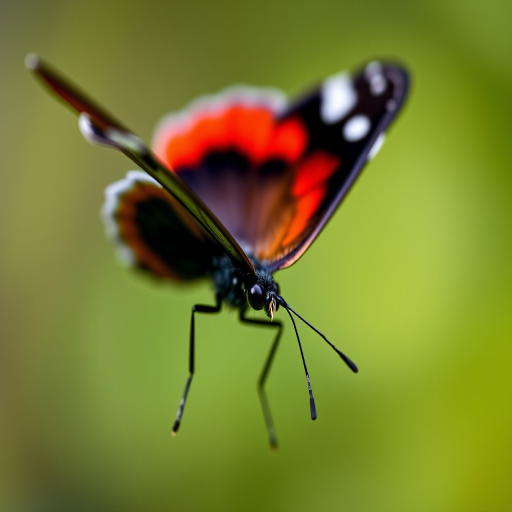 macro photo of a butterfly with vivid red and black colors, soft background blur, taken with a DSLR camera at f/2.8, ISO 100, 1/200 sec exposure, natural light, close-up view
