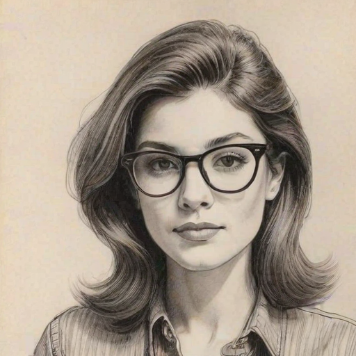 Radiant Monica Barbaro, pencil sketch, portrait of Radiant woman 1977s in glasses, hair style beatnik, outline, clear lines, fine lines, 8k