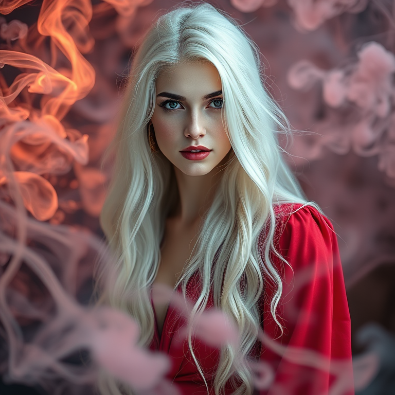 Create a highly detailed portrait of a mythical woman with long white hair and a red dress, surrounded by ethereal, swirling smoke, captured with a DSLR camera at 50mm focal length, f/1.8 aperture, ISO 100, using soft natural lighting and a shallow depth of field for a dreamy effect.