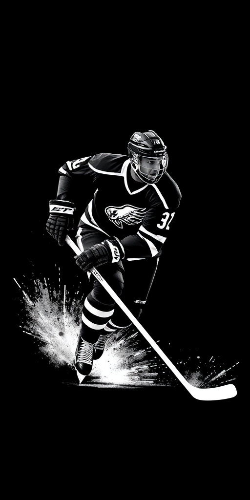 Create a high-resolution image of a stylized hockey player in action with a sleek design on a contrasting black background, using a DSLR camera with a 50mm lens, f/1.8 aperture, ISO 100, and a slight high dynamic range effect for enhanced image quality.