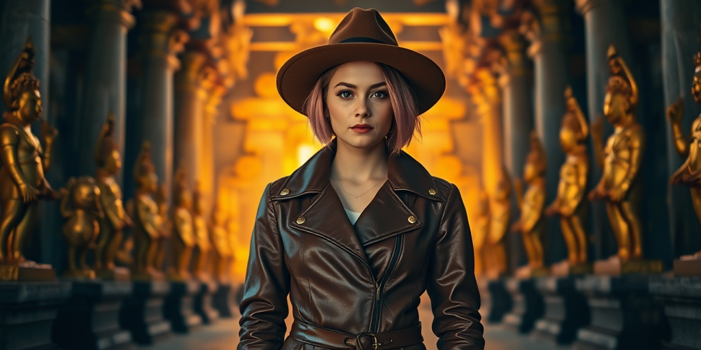 A young woman with short, pink-tipped hair wearing a brown leather jacket and a wide-brimmed hat stands confidently in an ancient temple filled with golden artifacts and statues, shot with a Canon EOS R5 at f/2.8, ISO 100, 50mm lens in dramatic low light to enhance the atmosphere.