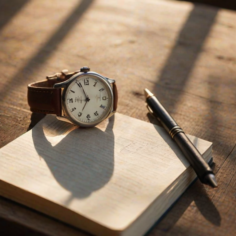 Close-up of a vintage wristwatch lying on a wooden table, soft natural light from a nearby window casting delicate shadows on the surface, with an open journal and pen beside it.