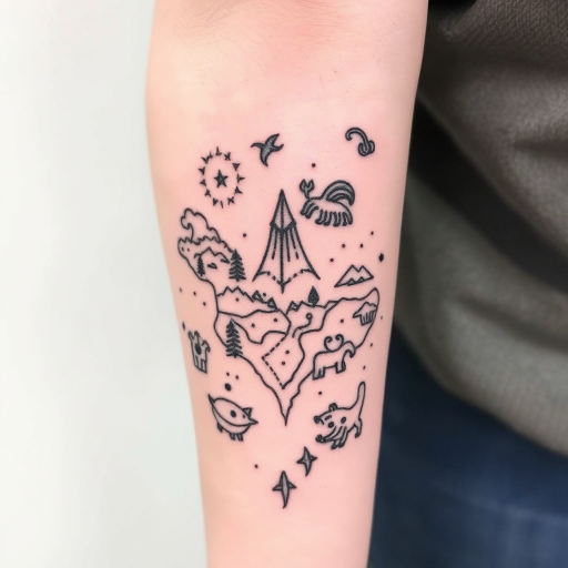 Stick and poke tattoo named "Wanderlust Cartography" featuring a hand-drawn map of imaginary lands and fantastical creatures, with imperfect lines and subtle variations in dot density adding character and charm to the design, perfect for free spirits and adventure seekers who want a unique and personalized tattoo that tells a story of their own making.