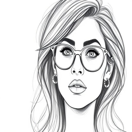 hot mia khalifa, pencil sketch, portrait of beautiful woman 60s in glasses, hair style beatnik, outline, clear lines, fine lines, 8k