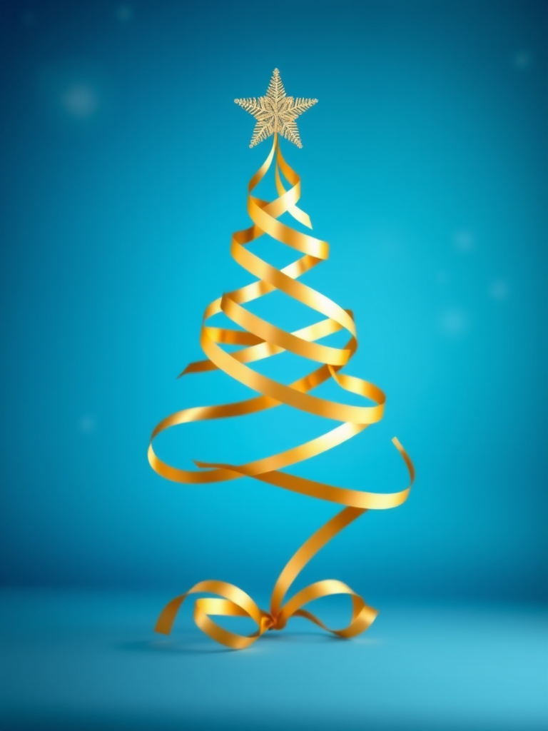 Generate an elegant Christmas tree made of golden ribbons on a gradient blue background with sparkling snowflakes, shot with a DSLR camera using a 50mm f/1.8 lens, aperture set to f/2.8, ISO 100, and a soft focus effect to enhance brightness and clarity.