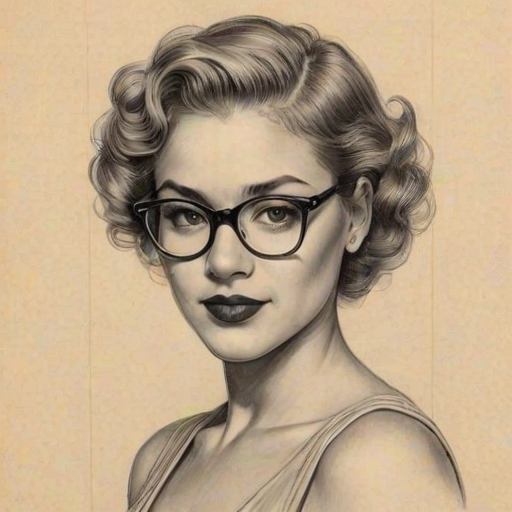 Enticing Emmy Raver-Lampman, pencil sketch, portrait of Alluring woman 1935s in glasses, hair style beatnik, outline, clear lines, fine lines, 8k
