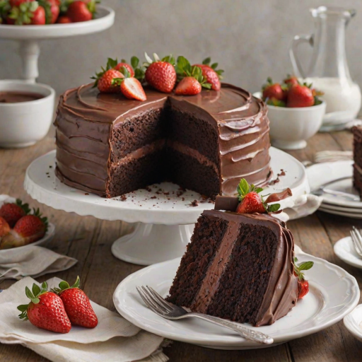 Create an image of a rich chocolate cake with multiple layers, featuring a smooth chocolate frosting. The cake should be adorned with fresh strawberries and mint leaves on top, showcasing a slice that reveals the moist layers inside. The setting should have a soft, natural light to enhance the dessert's appeal.