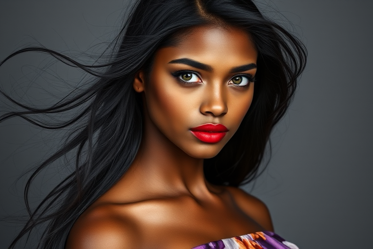 Photographic image of a beautiful young Mulatto woman, green eyes, lips with red lipstick, long hair fluttering in the wind and wearing a silk strapless dress with a soft purple and orange print. monochrome image with only color highlights in the iris of the eyes, lipstick and dress. Gray background.