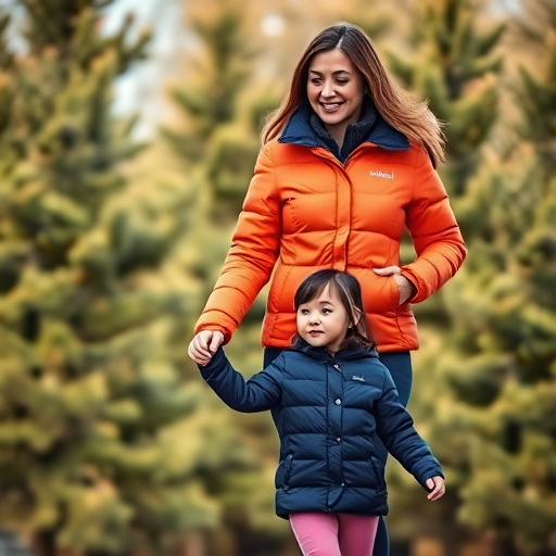Capture a high-resolution image of a woman wearing an orange puffer coat walking hand in hand with a young girl in a navy jacket, set against a backdrop of evergreen trees, use a shallow depth of field at 50mm f/2.8, ISO 100, and natural lighting for vibrant colors.