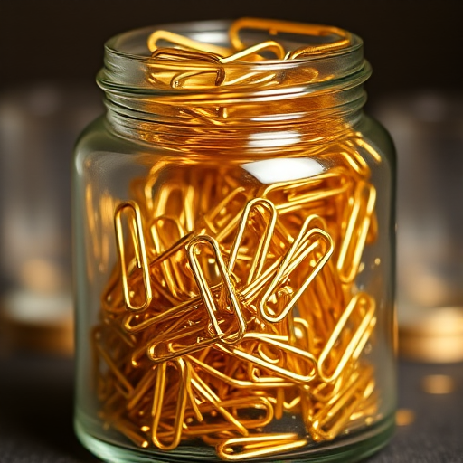 close-up shot of a glass jar filled with gold paperclips on a blurred background, ISO 100, aperture f/2.8, shutter speed 1/60s, 50mm lens, natural light, macro photography
