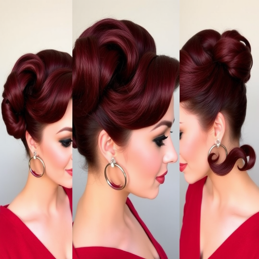 Rich burgundy locks styled in a vintage-inspired victory roll updo with glossy finger waves, exuding old Hollywood glamour and sophistication, known as Velvet Vixen