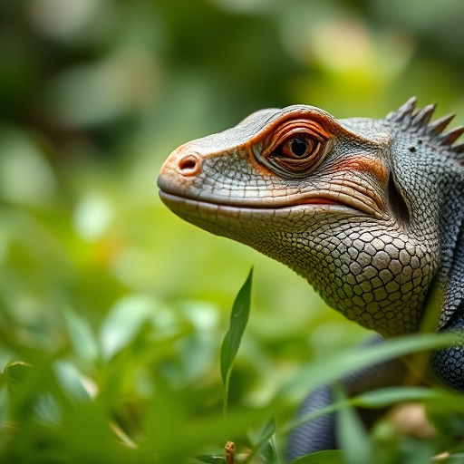 Capture a close-up of a Komodo dragon in a lush green environment with a shallow depth of field, ISO 100, f/2.8 aperture, 85mm lens, natural light, using a DSLR camera for high detail and clarity.