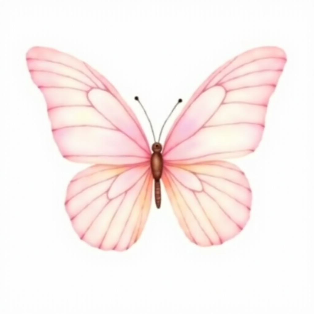 Create a watercolor illustration of a delicate pink butterfly with soft gradient wings, showcasing shades of light pink and cream. The butterfly should be depicted from a side view, highlighting its intricate wing patterns and gentle curves. The background should be minimal to emphasize the beauty of the butterfly.