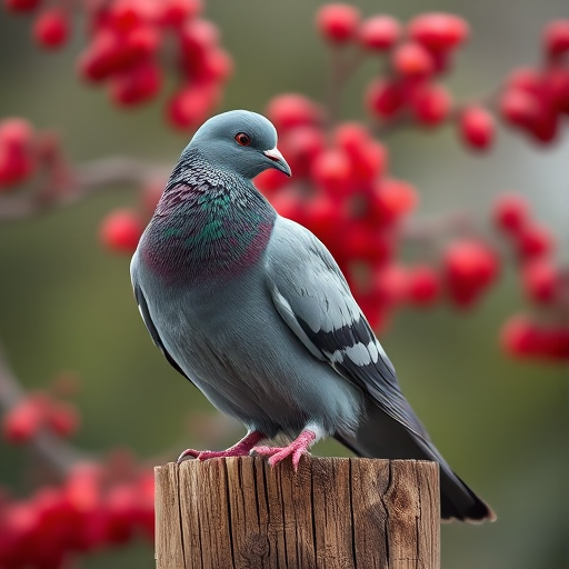 A close-up of a pigeon perched on a wooden post with blurred red berries in the background, taken with a Canon EOS R5 at f/2.8, ISO 200, 1/250s, using a 105mm lens for enhanced depth of field and sharpness.