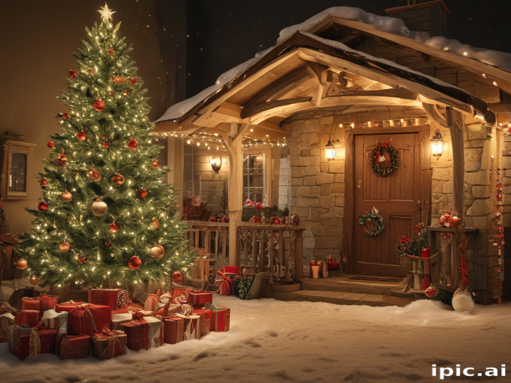 A Cozy Winter Scene Featuring a Decorated Christmas Tree and Gifts.