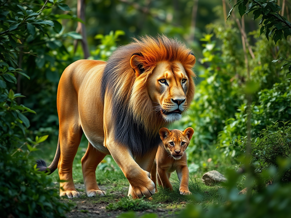 A male lion walking alongside a cub in a lush green jungle setting, captured with a Canon EOS 5D Mark IV, 50mm lens, f/2.8 aperture, ISO 200, shutter speed 1/250 sec, using natural light.