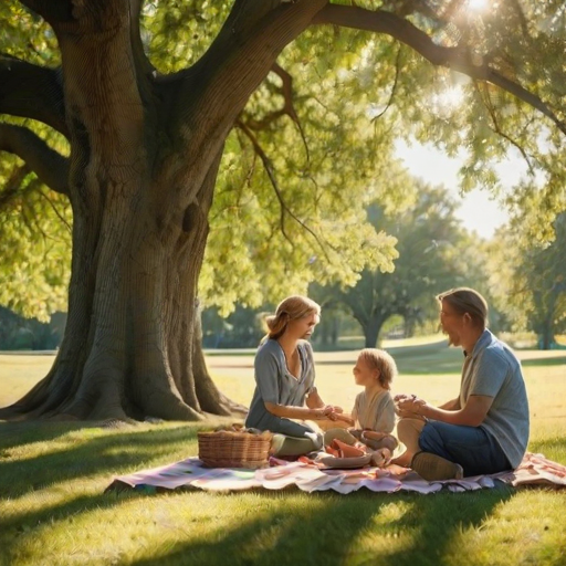 Warmly lit image of a family enjoying a picnic under a large oak tree, soft sunlight filtering through the leaves, casting dappled shadows on the ground, with the distant sound of children laughing.