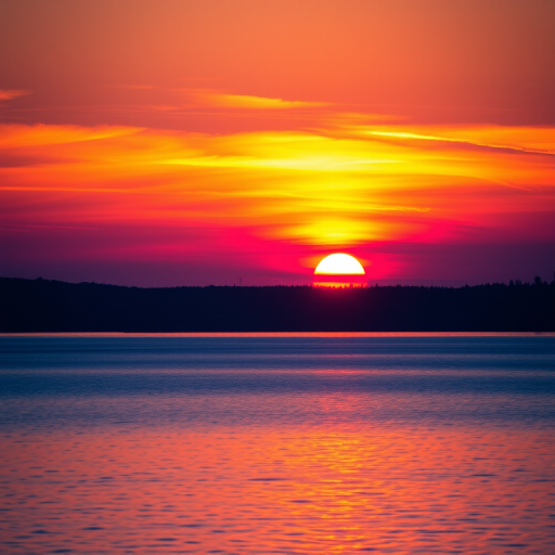 Create a high-resolution image of a serene sunset over a calm lake with vibrant orange and purple hues in the sky, captured with a DSLR camera at f/8 aperture, ISO 100, 1/200 sec exposure, using a wide angle lens, in landscape orientation to enhance detail and depth.