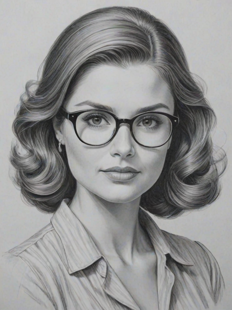 Fascinating Joanna Garcia Swisher, pencil sketch, portrait of Elegant woman 1942s in glasses, hair style beatnik, outline, clear lines, fine lines, 8k