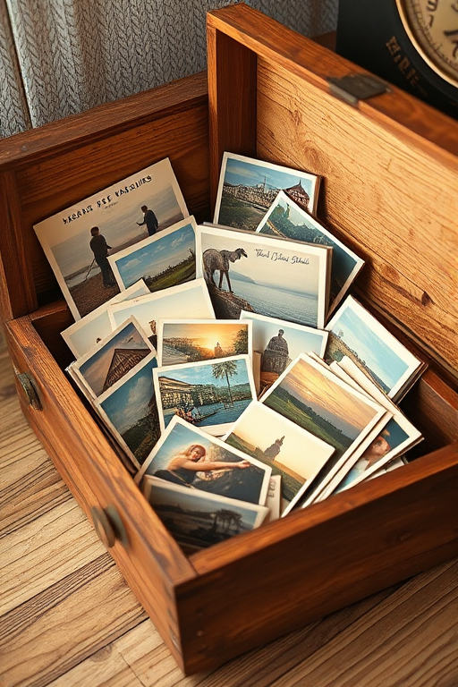 photograph of a wooden box filled with various postcards and photographs in a vintage style, taken from a slightly high angle with a 50mm lens, aperture set to f/2.8 for a shallow depth of field, ISO 200 for clarity, natural light for warm tones, using a DSLR camera