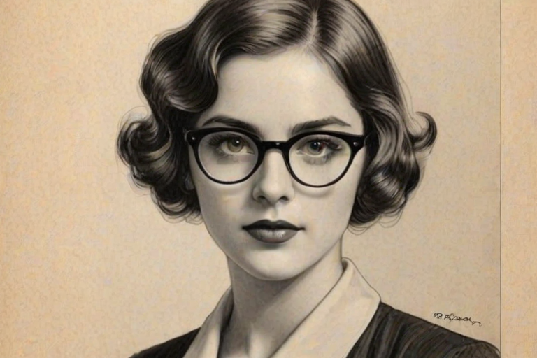 Ravishing Amelia Gray Hamlin, pencil sketch, portrait of Gorgeous woman 1929s in glasses, hair style beatnik, outline, clear lines, fine lines, 8k