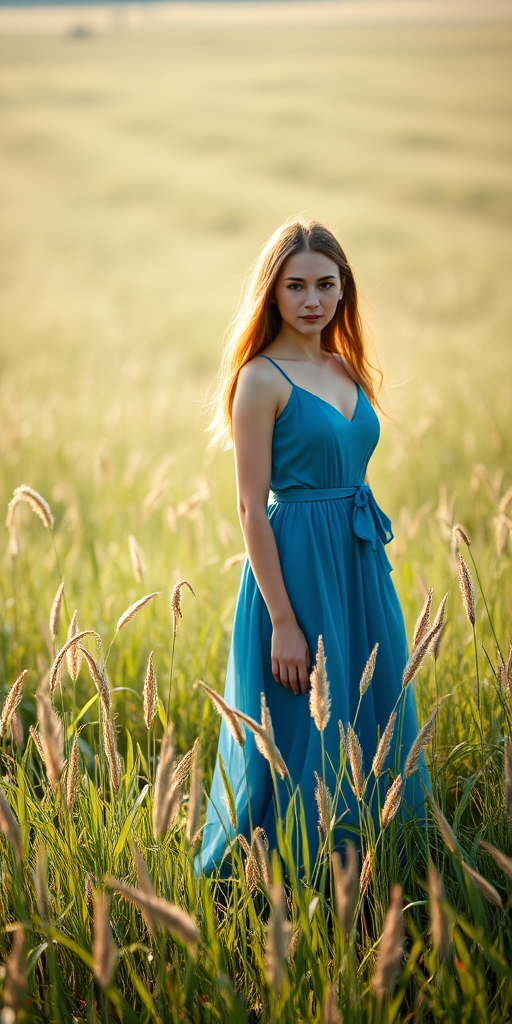 a woman wearing a blue dress standing in a field of tall grass, soft natural lighting, shallow depth of field, 50mm lens, f/1.8, ISO 100, captured with a full-frame DSLR camera from a slightly low angle for a dreamy effect